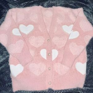 Like New, Chicwish Fuzzy Pink Heart Pearl Cardigan Sz L/XL